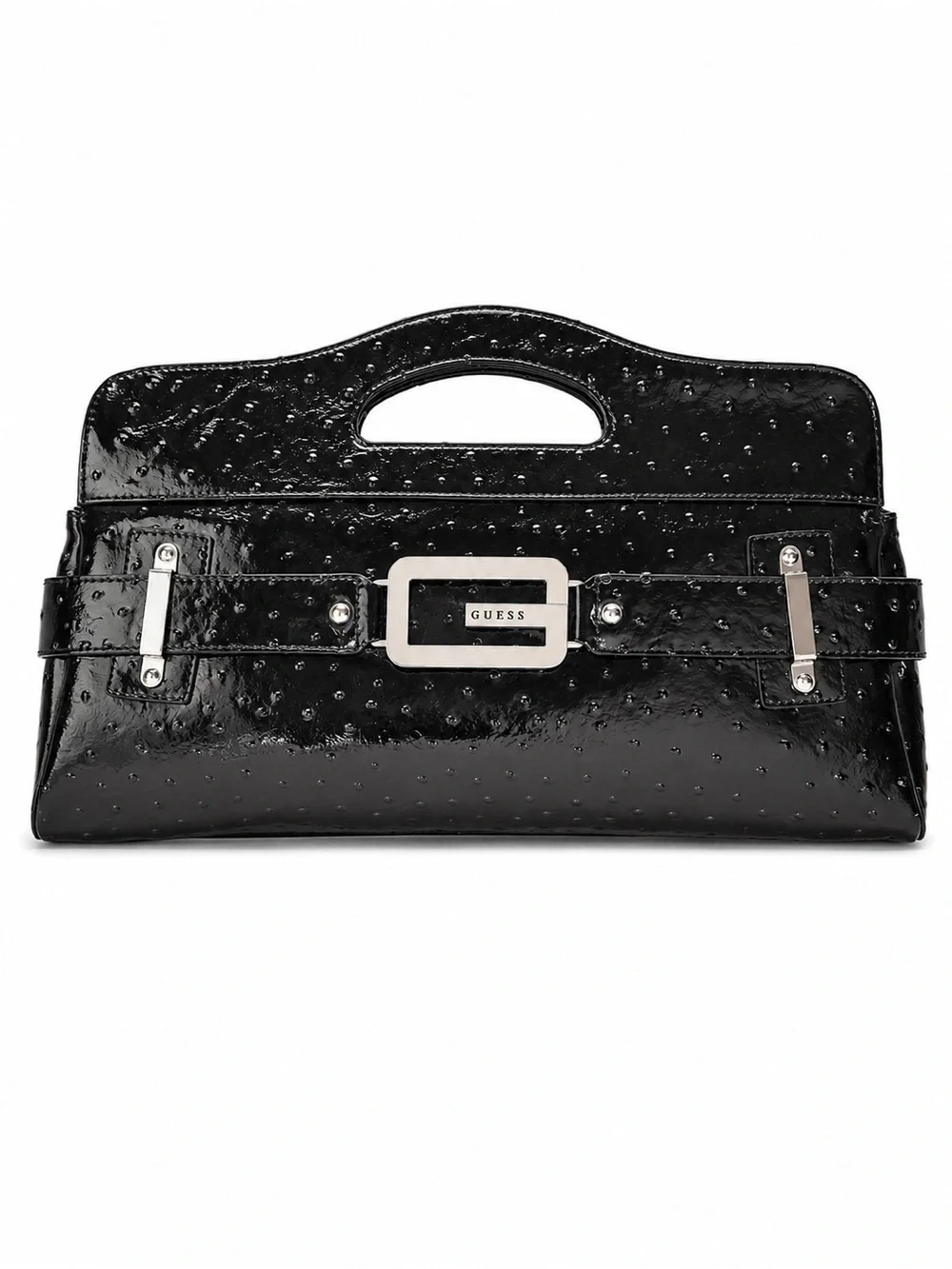 Guess Black Patent Ostrich Large Embossed Handbag Silver Hardware Clutch Purse